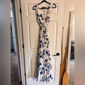 Elegant White Maxi Dress with Blue Floral Print